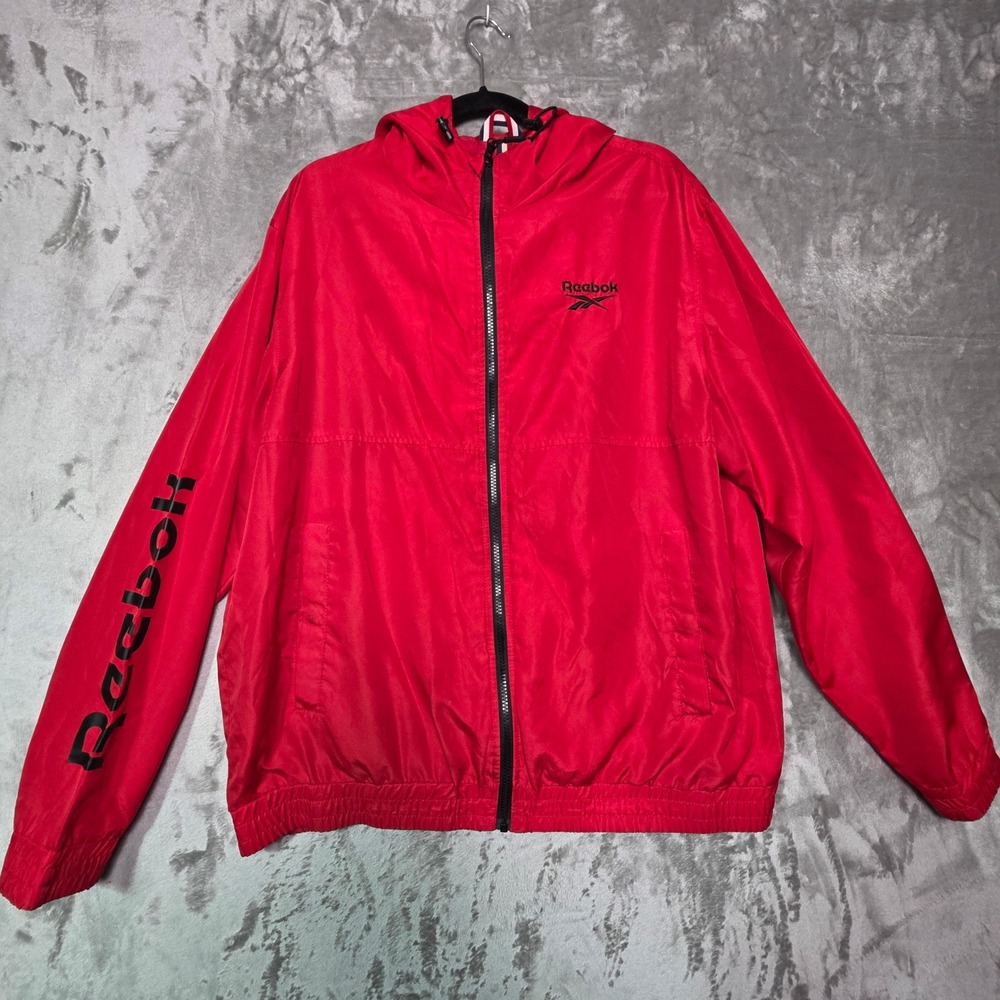 Reebok Mens Red Full Zip Hooded Windbreaker Jacket XL RN127805 Logo Sleeve